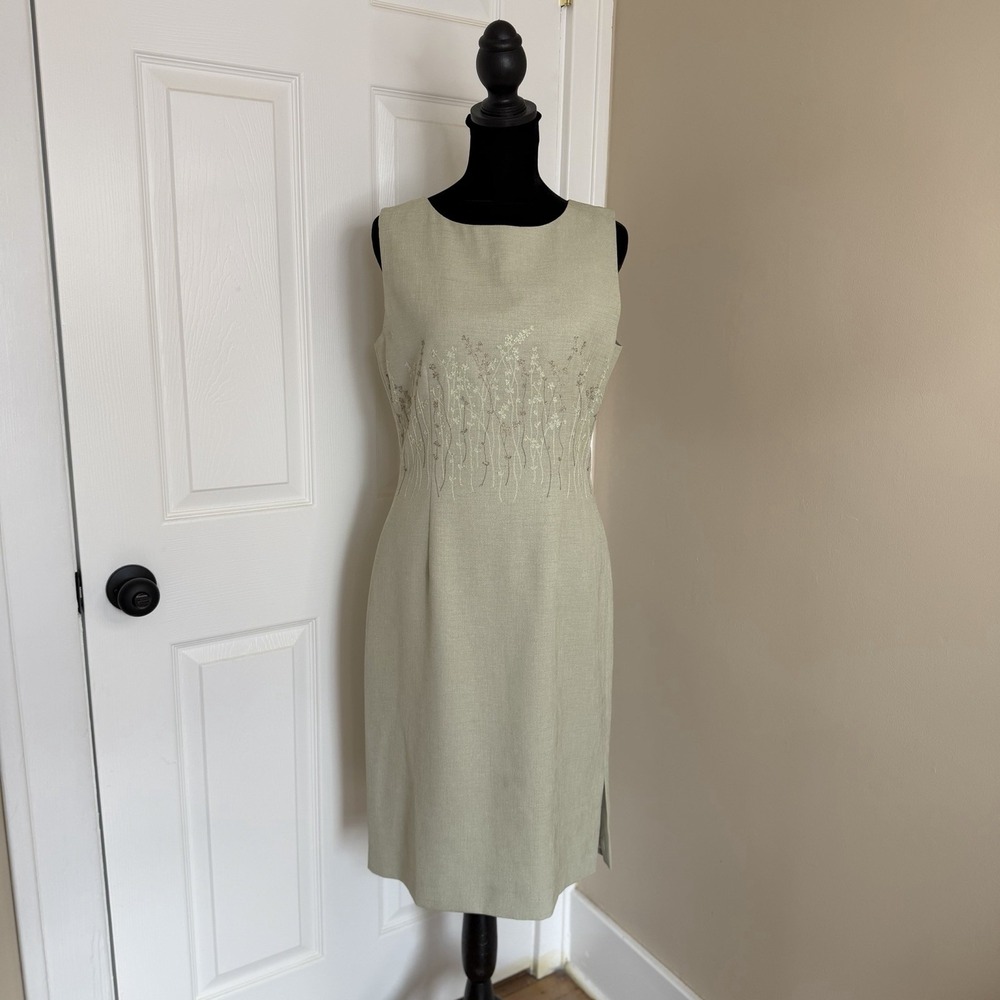KASPER Women Sage Mint Green Dress Embroidered Floral Sz 6-VTG-Fairycore Whimsy